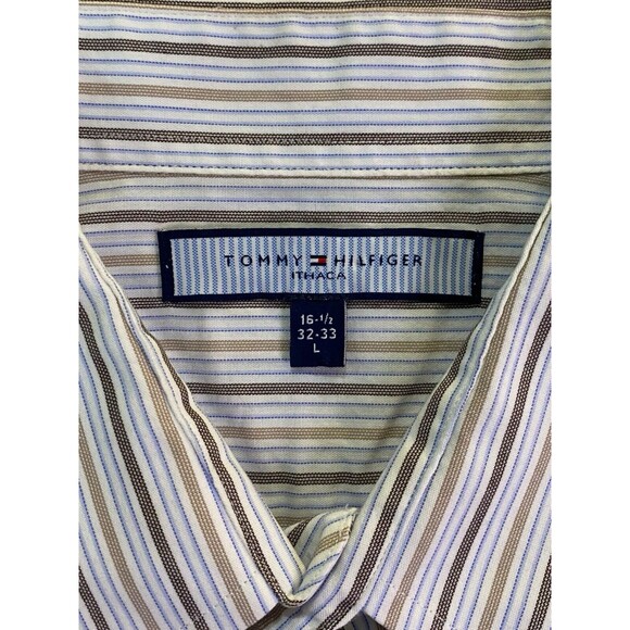 Tommy Hilfiger Shirt Mens Large White w/Brown Blue Striped Long Sleeve Button Up - Picture 4 of 9